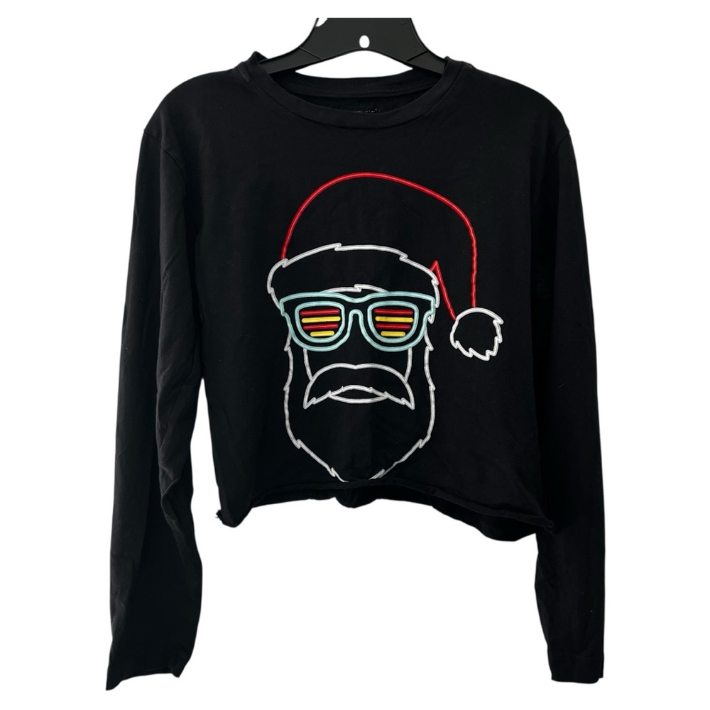 Bottoms Out 1983 Cropped Black Top Long Sleeve with Funky Santa  Size M